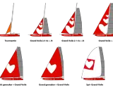 Différentes configurations de voile foc ou spi sur un catamaran rouge, certaines ornées de cœurs blancs.