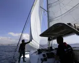 Deux hommes sur un catamaran, l'un ajuste la voile pour se mettre à la cape, tandis que l'autre tient la barre. Le soleil brille sur la mer bleue.
