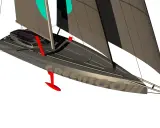 Le voilier IMOCA Lazare, avec ses foils rouges et ses voiles sombres, prêt à fendre les vagues.