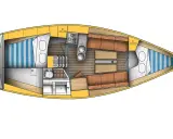 Plan intérieur du voilier, étape 28 : cabine avec lits, cuisine, salle de bain et salon.