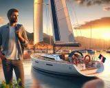 Un homme rêve de son prochain voyage. Quel voilier pour un tour du monde en solitaire ? Un yacht blanc élégant est amarré dans un port pittoresque au coucher du soleil.