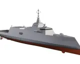 Navire de guerre moderne avec une étrave inversée distinctive, propulsé par une hélice visible.