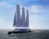 Un navire futuriste glisse sur l'eau, ses trois voiles rigides et élancées capturant le vent sous un ciel bleu parsemé de nuages.