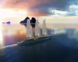 Un paquebot à voile futuriste navigue sur une mer calme au coucher du soleil, avec des voiles imposantes et des îles lointaines.