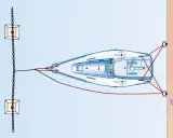 Vue aérienne d'un voilier amarré avec une pendille. Le bateau est relié à des chaînes et des corps-morts par l'avant et à un quai par l'arrière.