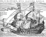 Gravure d'un majestueux bateau 17ème siècle, le "Navire Royal", avec ses voiles gonflées et ses nombreux détails annotés.