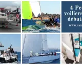 4 petits voiliers pour débutants : un sur remorque, un en action avec équipage, un autre naviguant, et l'intérieur d'un bateau.