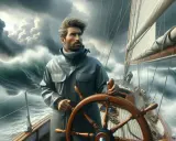 Un homme au gouvernail d'un bateau dans la tempête, affrontant les vagues déchaînées sous un ciel orageux.