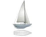 Vue latérale d'un voilier de type folk boat, avec sa ligne de flottaison et une vue en plan de sa coque.