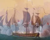 Bataille navale animée, l'Hermione bateau au centre, entouré de fumée et de canons crachant le feu.