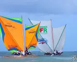 Plusieurs yoles bateaux colorées naviguent sur une mer bleue, leurs voiles gonflées par le vent.