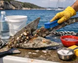 Gant jaune brossant une ancre rouillée couverte de coquillages. Préparation pour le nettoyage du bateau.