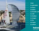 Un voilier en action, avec des étiquettes expliquant le vocabulaire voile : mât, grand-voile, foc, etc.