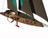 Maquette d'un voilier IMOCA foil, révélant sa structure interne complexe et ses appendices rouges.