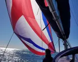 Un spi symétrique aux couleurs vives gonflé par le vent, naviguant sur une mer scintillante sous un ciel bleu clair.