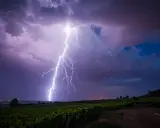 Un éclair zèbre le ciel violacé, illuminant un vignoble sous un orage de mer. La foudre frappe au loin, près d'une ville scintillante.