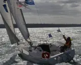 Voilier naviguant par gros temps, le skipper tient un drapeau. La fiche technique du premier 260 est visible sur la coque.