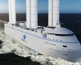 Bateau futuriste avec une canopée de voiles, naviguant sur une mer agitée.