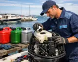 Mécanicien remplissant un moteur hors-bord essence 95 ou 98. Bidons de carburant rouges, verts et argentés à proximité.