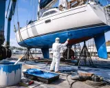 Un marinier en combinaison blanche peint le carénage d'un bateau blanc et bleu, soulevé par une grue.