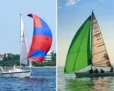Voiliers en pleine course, l'un avec un spi asymétrique rouge et bleu, l'autre avec une voile verte éclatante.