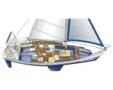 Coupe intérieure d'un voilier, montrant la cabine, la cuisine et le poste de pilotage. Fiche technique Feeling 1090.