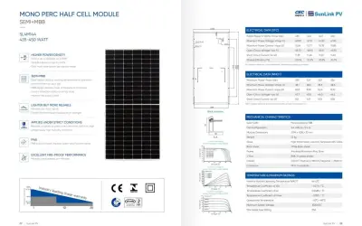 Panneau solaire mono PERC half cell, avec tableau de données techniques et caractéristiques mécaniques.
