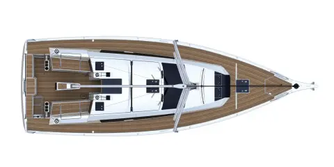 Vue aérienne d'un voilier Dufour 390. La fiche technique de ce bateau de plaisance est détaillée.