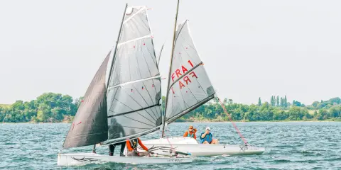 Deux voiliers d'aviron modernes naviguent sur un lac, avec des équipages concentrés sur la course.