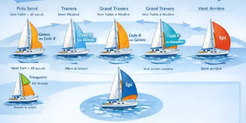 Schéma illustrant l'utilisation des voiles (génois, spi, trinquette) en fonction du vent et de l'allure en navigation.
