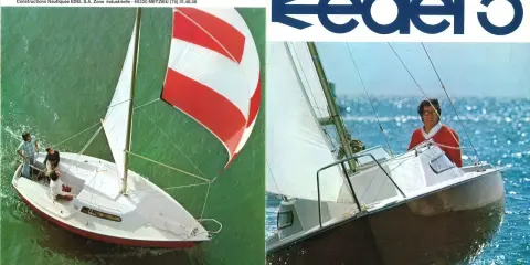 Le voilier Edel 5 navigue sur une mer scintillante, avec une personne souriante au gouvernail.