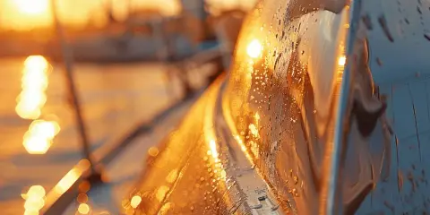Gouttes d'eau sur le bord d'un voilier, reflétant un coucher de soleil safran.