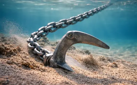 Ancre s'enfonçant dans le sable, sa chaîne s'étendant vers la surface. Le poids de l'ancre par rapport au bateau est essentiel pour le maintenir stable.