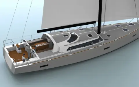 Voilier Boreal 70 moderne, avec une coque grise, un pont en teck et des voiles blanches déployées.