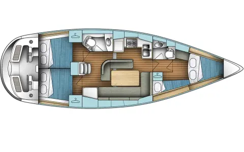 Schéma voilier vu de dessus : cabines, salle de bain, cuisine, salon avec table et banquettes.