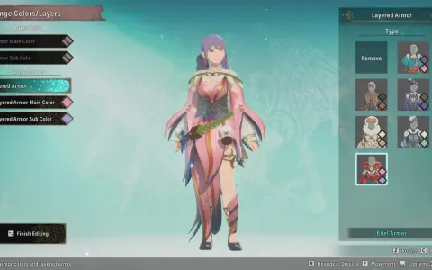Personnage féminin avec une tenue rose et blanche, personnalisation de l'armure Edel.