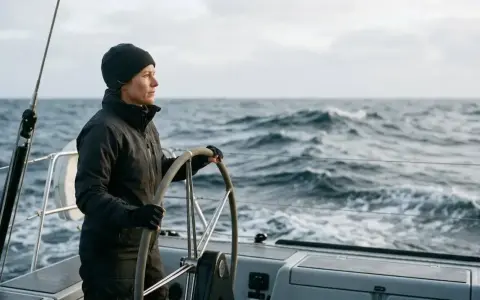 Une femme au gouvernail d'un bateau ardent, naviguant sur une mer agitée sous un ciel couvert.