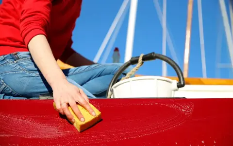Nettoyage coque bateau vinaigre blanc : une main frotte la coque rouge avec une éponge savonneuse, sous un ciel bleu éclatant.