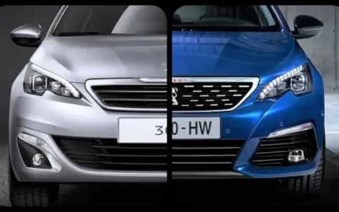 Comparaison de deux Peugeot 308, une argentée et une bleue. Le design moderne des phares et de la calandre suscite un feeling 326 avis positifs.