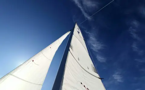 Voiles blanches gonflées par le vent, le bateau semble s'affaler sur l'eau bleue sous un ciel clair.