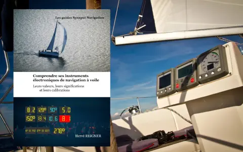 Instruments de navigation sur un voilier, affichant données et cap. L'étrave du bateau fend les flots.