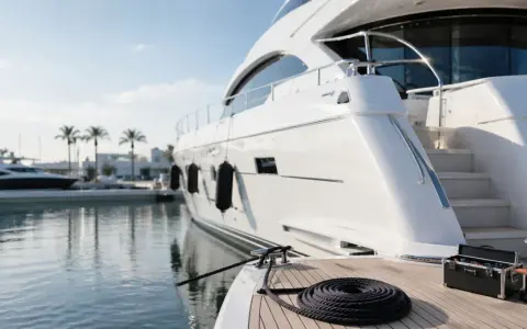 Un yacht blanc est amarré dans un port. Une corde est enroulée sur le pont. Le prix de l'entretien du bateau est élevé.