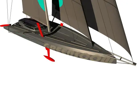Le voilier IMOCA Lazare, avec ses foils rouges et ses voiles sombres, prêt à fendre les vagues.