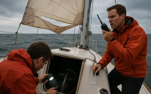 Deux hommes tentent de réparer un voilier en pleine mer. L'un utilise une lampe torche pour inspecter le moteur, tandis que l'autre communique par radio. Un **accident voilier** semble avoir eu lieu.