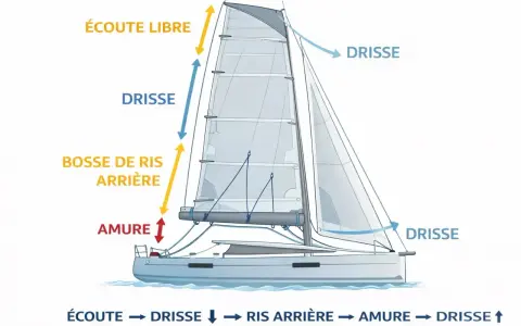 Schéma d'un voilier montrant le réglage de la grand-voile. La bosse de ris arrière est utilisée pour réduire la voilure.