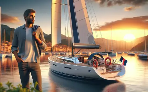 Un homme rêve de son prochain voyage. Quel voilier pour un tour du monde en solitaire ? Un yacht blanc élégant est amarré dans un port pittoresque au coucher du soleil.