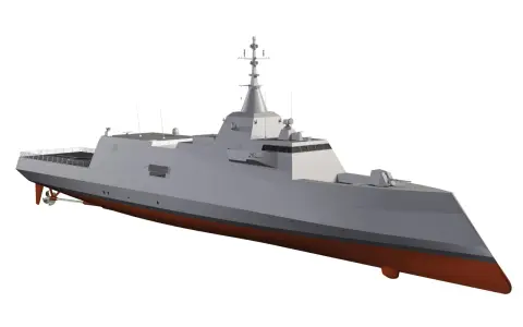 Navire de guerre moderne avec une étrave inversée distinctive, propulsé par une hélice visible.
