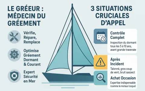 Le gréement d'un voilier, comme un sloop fractionné, nécessite un entretien régulier. Le gréeur vérifie, répare et optimise le gréement dormant et courant pour la sécurité en mer.