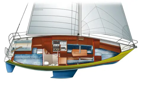 Coupe d'un voilier Aquavit, révélant un intérieur confortable avec cabine, cuisine et coin repas.