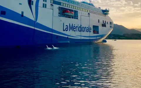 Le ferry "La Méridionale" se prépare pour son voyage, l'eau s'échappe des systèmes de ballastage.
